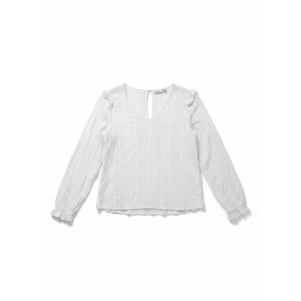 ICHI Eyelet Blouse Size 34 6 White Ruffles Cotton Long Sleeve